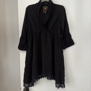 Johnny Was Shift Dress Black Boho Floral Lace Trim 3/4 Sleeve Women’s Medium